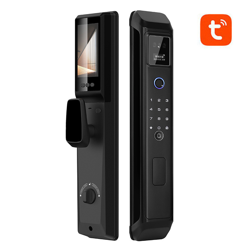 3D arcfelismeréssel és videó interkommal rendelkező intelligens zár — hozzáférés jelszó és ujjlenyomat alapú, 50 ujjlenyomat tárolás, <0,5 s beolvasás, FAR 0,0001%, -20–70°C, >10 000 ciklus