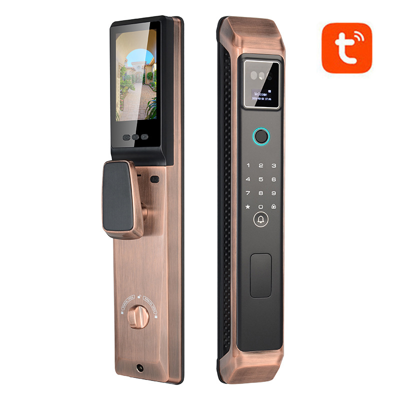 3D arcfelismeréssel és videó interkommal rendelkező intelligens zár — hozzáférés jelszó és ujjlenyomat alapú, 50 ujjlenyomat tárolás, <0,5 s beolvasás, FAR 0,0001%, -20–70°C, >10 000 ciklus