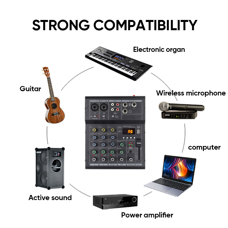 Μίξερ Bluetooth με μικρόφωνο με εφέ ρεβέρμπ για καραόκε, 2/4/6/8 καναλιών, yaflt (Bluetooth • μικρόφωνο με εφέ ρεβερμπ • 2/4/6/8 καναλιών • yaflt)