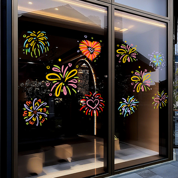 Стикери за прозорци за Нова година – цветни фойерверки, декорация за стъкло и врати, електростатичен филм