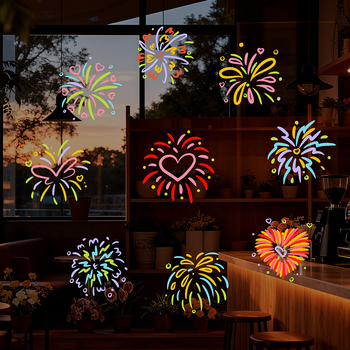 Стикери за прозорци за Нова година – цветни фойерверки, декорация за стъкло и врати, електростатичен филм