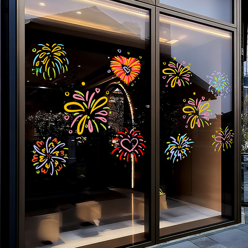 Стикери за прозорци за Нова година – цветни фойерверки, декорация за стъкло и врати, електростатичен филм