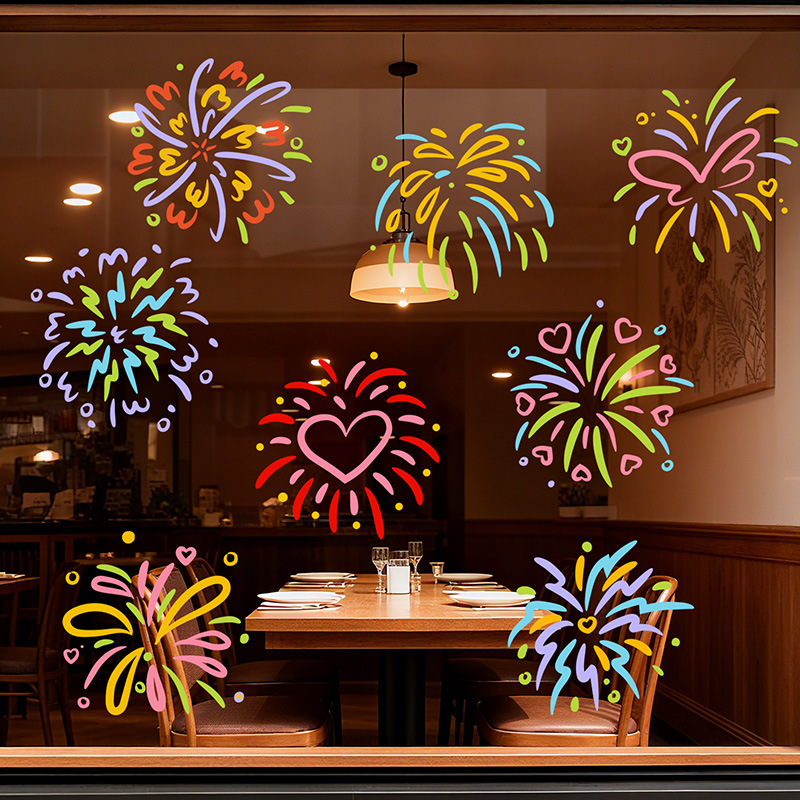 Стикери за прозорци за Нова година – цветни фойерверки, декорация за стъкло и врати, електростатичен филм