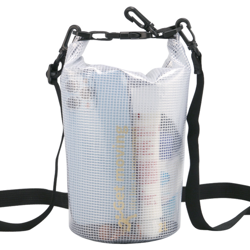 Vodootporna bucket torba s klip mrežom, PVC materijal, leisure stil, otisnuto logo, crossbody naramenica