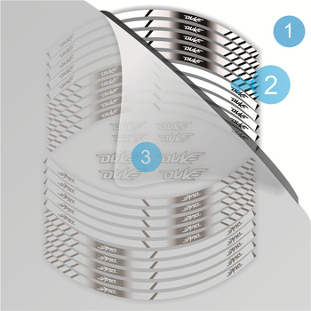 Motociklističke naljepnice s reflektirajućim elementima za središte kotača i felne; ljepilo za primjenu; Materijal: naljepnica; Tip: karoserijske naljepnice