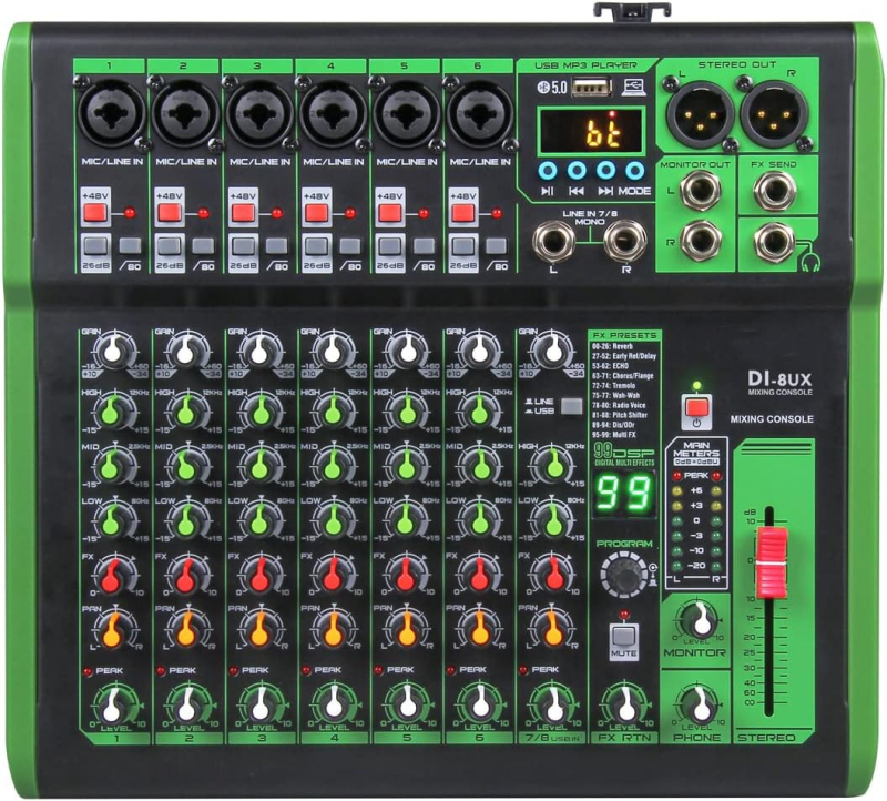 SI/DI 4/6/8-καναλιού επαγγελματικός μίκτης με DSP εφέ για σκηνή, KTV, ηχογράφηση σε κινητό/υπολογιστή και ζωντανή μετάδοση
