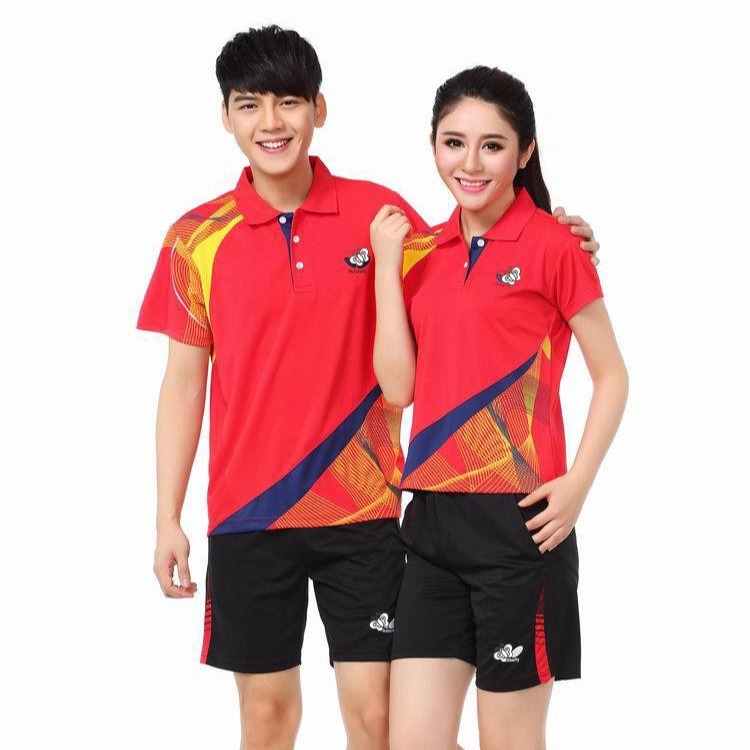 Тениска за тенис на маса, с яка, къс ръкав, унисекс, за всички сезони - 100% полиестер, смесено химическо влакно