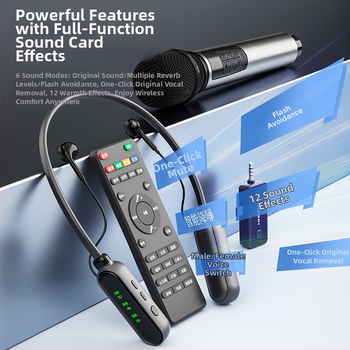 SK-619P: Všetko-v-jednom zvuková karta a mikrofón pre live streaming s monitorovaním, visenie na krku, frekvenčný rozsah 20Hz-20kHz, SNR ≥60dB, vstavaná batéria 300–500mAh, výdrž 8–12 h