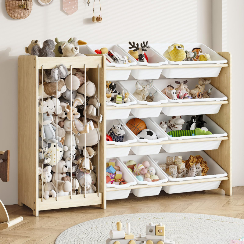 Fa gyerekjáték tároló polc, több rétegű, nagy kapacitású, hordozható padlón álló tároló szekrény gyerekeknek