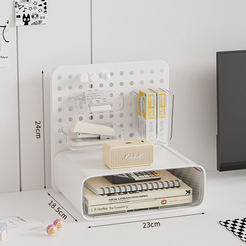 Asztali rendező doboz perforált lappal és levehető fiókkal – Modell 2508, Anyag AS, Modern minimalista stílus, Ékszer és irodaszer tárolása