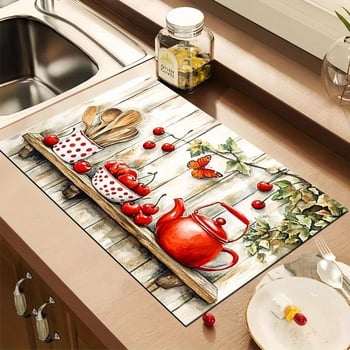 Правоъгълна дренажна подложка за кухненски плот с държач за съдове и прибори; полиестерно влакно; водопоглъщаща и устойчива на петна; релефна текстура; стил пасторален/минималистичен