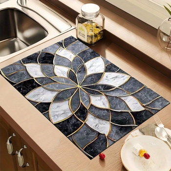 Правоъгълна дренажна подложка за кухненски плот с държач за съдове и прибори; полиестерно влакно; водопоглъщаща и устойчива на петна; релефна текстура; стил пасторален/минималистичен