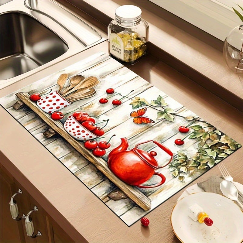 Правоъгълна дренажна подложка за кухненски плот с държач за съдове и прибори; полиестерно влакно; водопоглъщаща и устойчива на петна; релефна текстура; стил пасторален/минималистичен