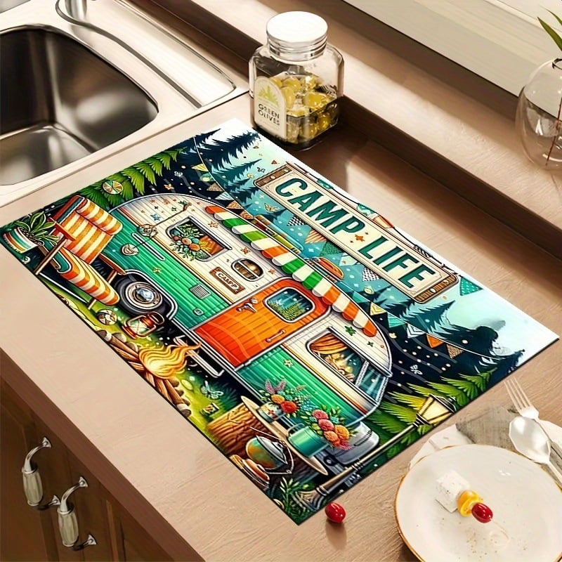 Правоъгълна дренажна подложка за кухненски плот с държач за съдове и прибори; полиестерно влакно; водопоглъщаща и устойчива на петна; релефна текстура; стил пасторален/минималистичен