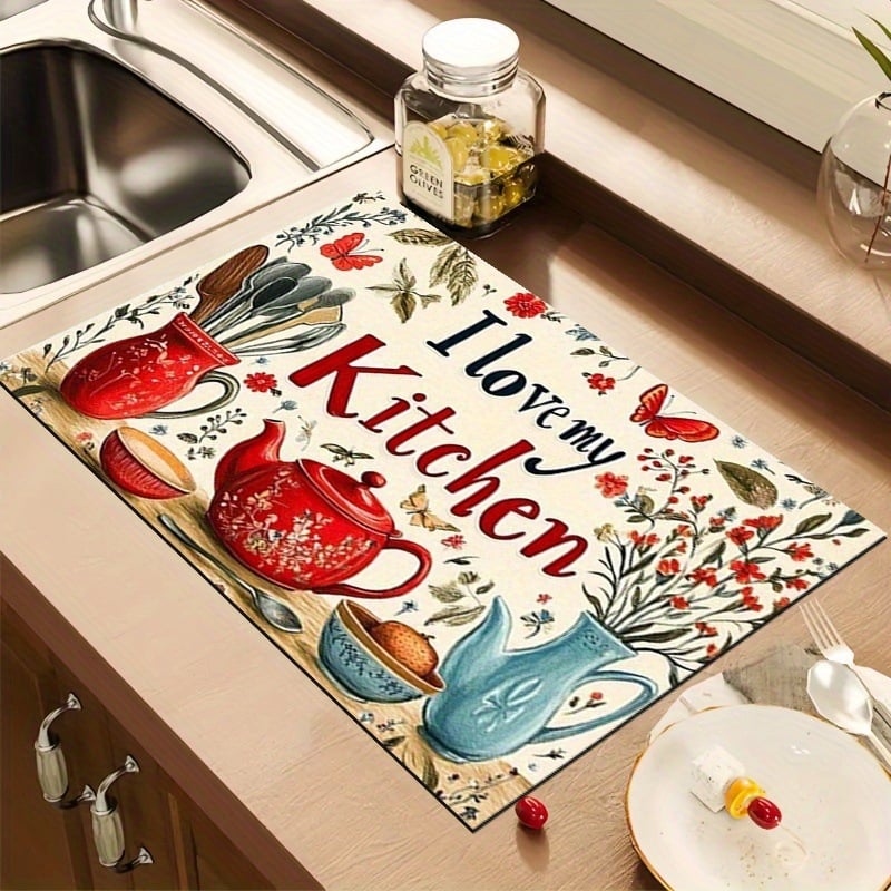 Правоъгълна дренажна подложка за кухненски плот с държач за съдове и прибори; полиестерно влакно; водопоглъщаща и устойчива на петна; релефна текстура; стил пасторален/минималистичен