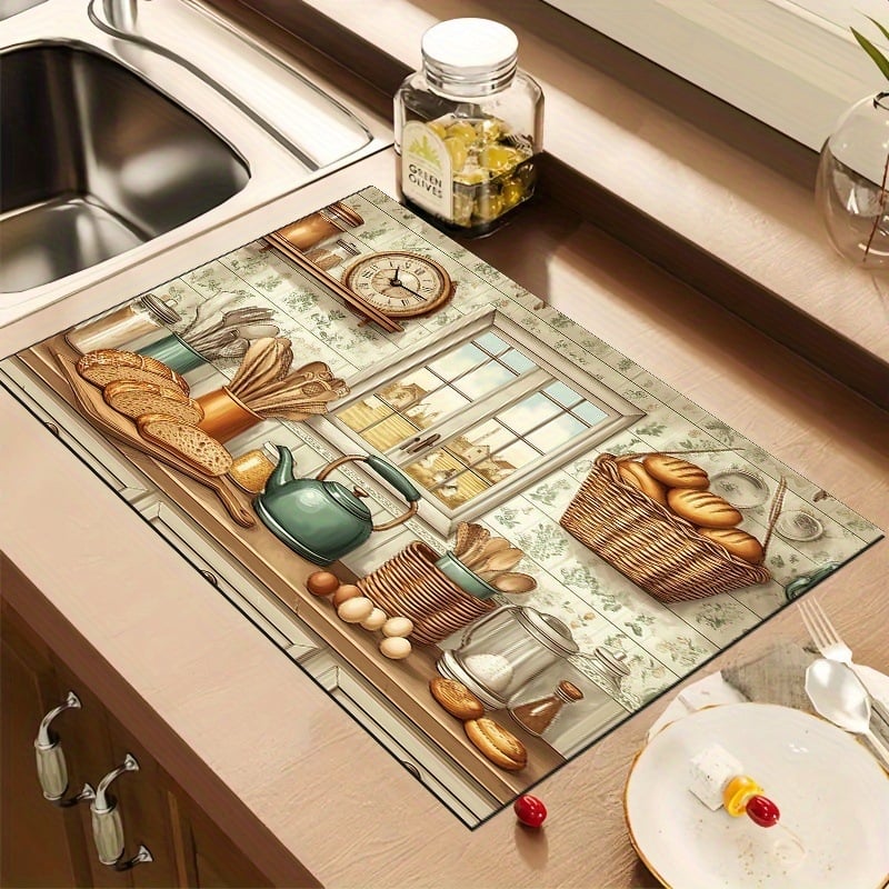 Правоъгълна дренажна подложка за кухненски плот с държач за съдове и прибори; полиестерно влакно; водопоглъщаща и устойчива на петна; релефна текстура; стил пасторален/минималистичен