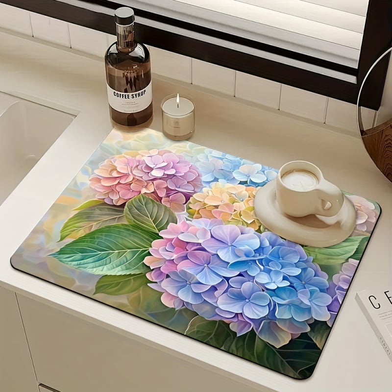 Правоъгълна дренажна подложка за кухненски плот с държач за съдове и прибори; полиестерно влакно; водопоглъщаща и устойчива на петна; релефна текстура; стил пасторален/минималистичен