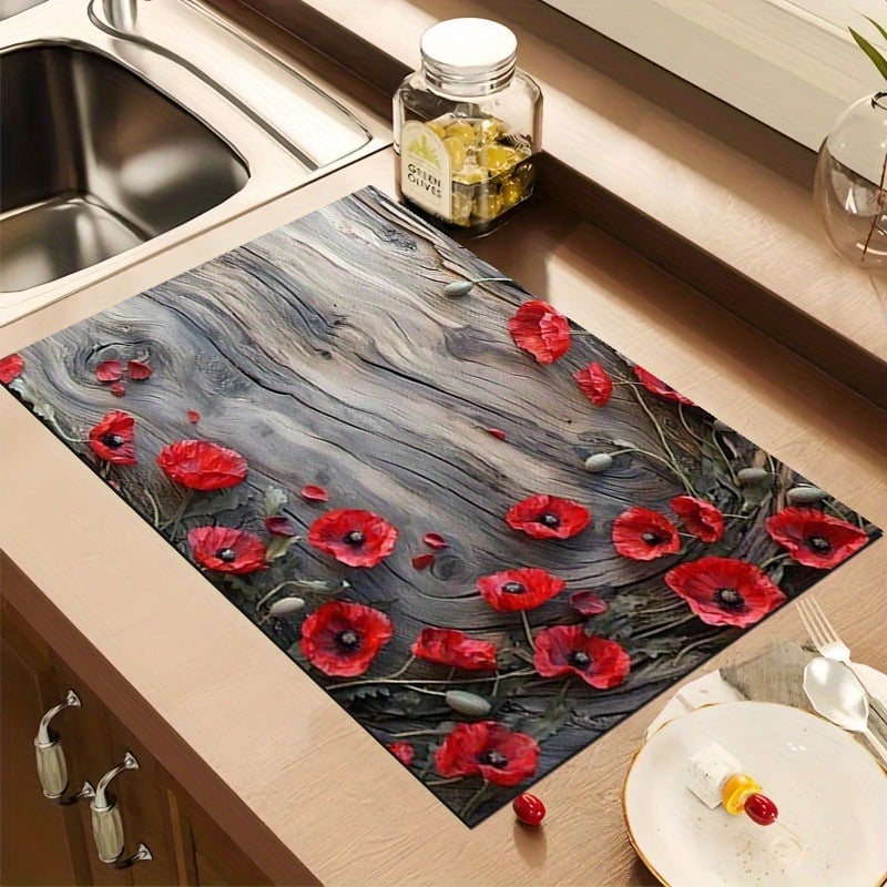 Правоъгълна дренажна подложка за кухненски плот с държач за съдове и прибори; полиестерно влакно; водопоглъщаща и устойчива на петна; релефна текстура; стил пасторален/минималистичен