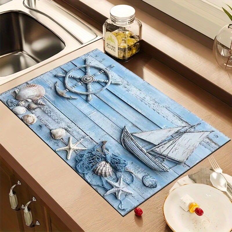 Правоъгълна дренажна подложка за кухненски плот с държач за съдове и прибори; полиестерно влакно; водопоглъщаща и устойчива на петна; релефна текстура; стил пасторален/минималистичен