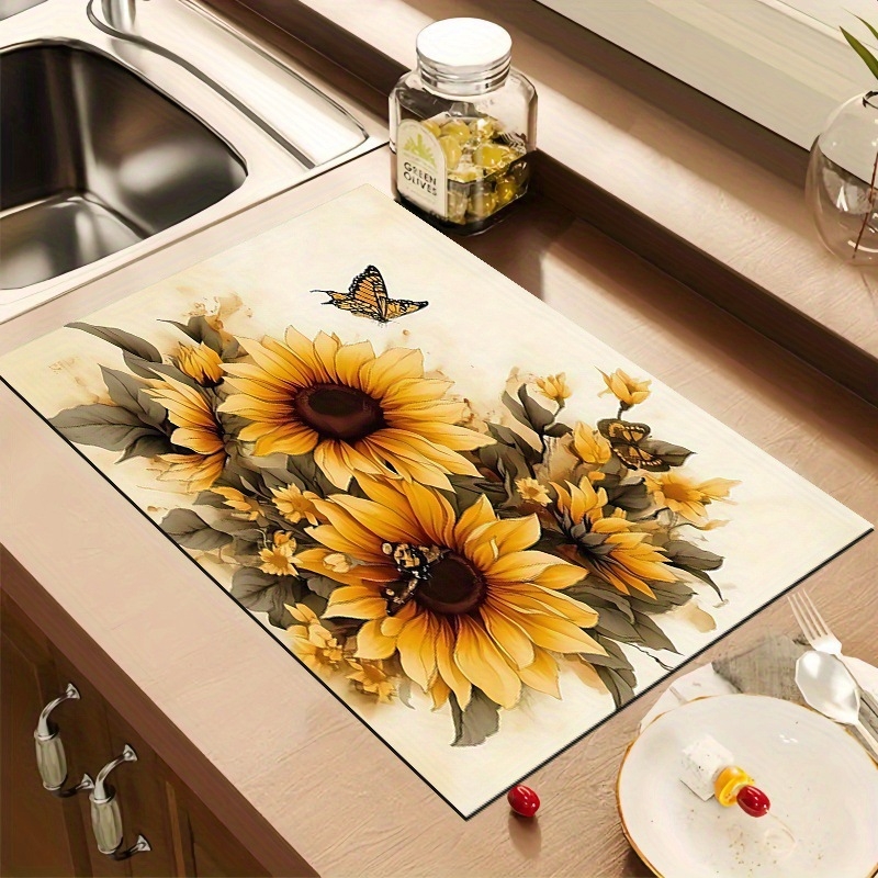 Правоъгълна дренажна подложка за кухненски плот с държач за съдове и прибори; полиестерно влакно; водопоглъщаща и устойчива на петна; релефна текстура; стил пасторален/минималистичен