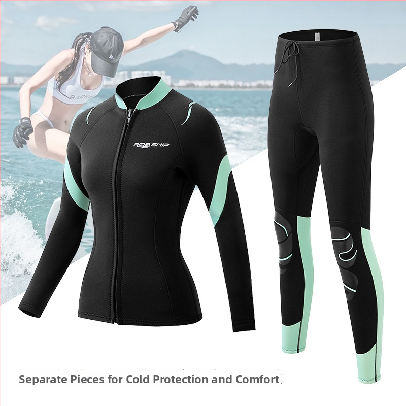 Costum de neopren pentru femei, două piese, pentru surfing și snorkeling, 3 mm neopren-nylon, uscare rapidă, model în dungi, croială slim