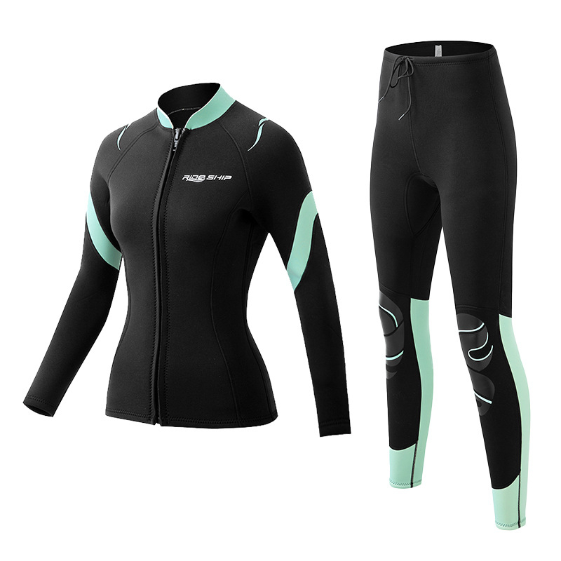 Costum de neopren pentru femei, două piese, pentru surfing și snorkeling, 3 mm neopren-nylon, uscare rapidă, model în dungi, croială slim
