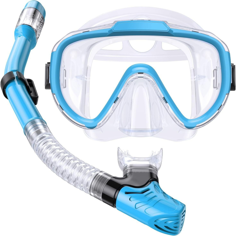 Set de snorkeling pentru copii cu mască din silicon și sticlă temperată, snorkel complet uscat, anti-cețuire