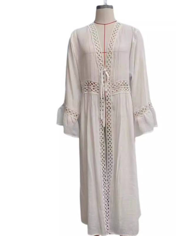 Dug cardigan s kružnom čipkom za zaštitu od sunca, plaža pokrivalo; mješavina pamuka i poliestera 50-70% pamuk, 30-50% polyester; slobodan kroj; duljina 80-100 cm; rukav ¾; prednje vezanje; Ljeto 2024