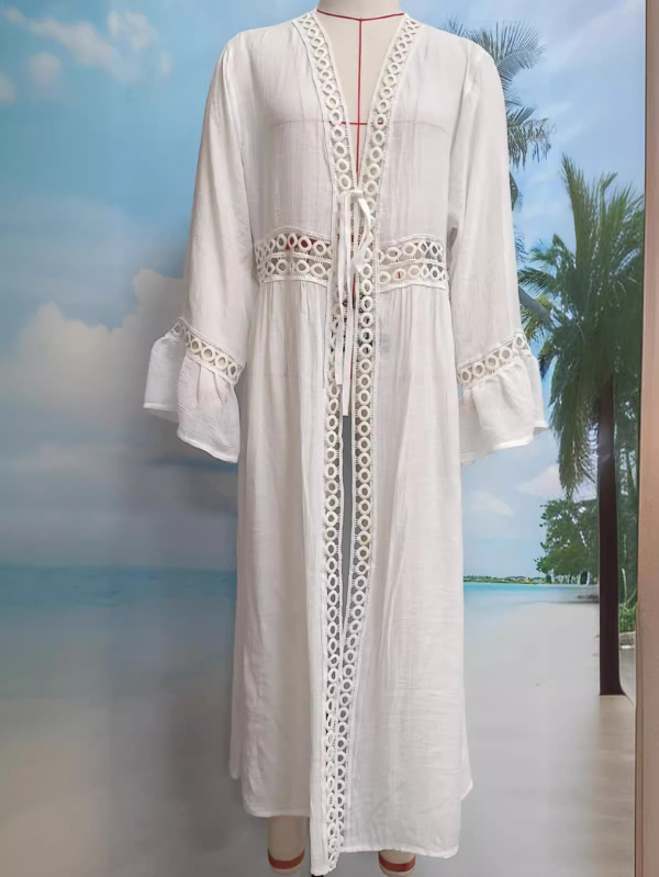 Dug cardigan s kružnom čipkom za zaštitu od sunca, plaža pokrivalo; mješavina pamuka i poliestera 50-70% pamuk, 30-50% polyester; slobodan kroj; duljina 80-100 cm; rukav ¾; prednje vezanje; Ljeto 2024