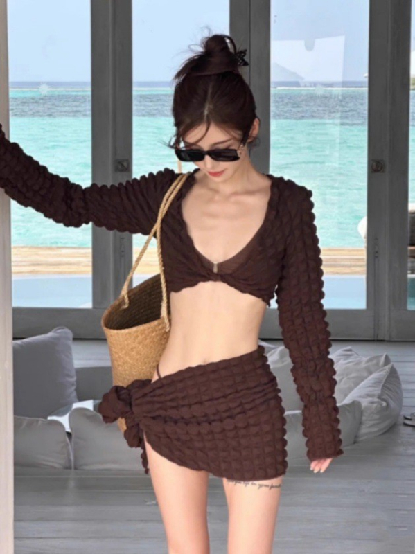 Ženski bikini set s dugim rukavima, s umetkom za dojke, otvorena leđa, briefs bikini, poliester 200 g/m², podstava 18% elastana