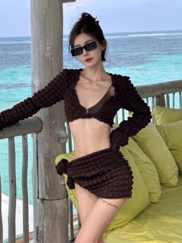 Ženski bikini set s dugim rukavima, s umetkom za dojke, otvorena leđa, briefs bikini, poliester 200 g/m², podstava 18% elastana