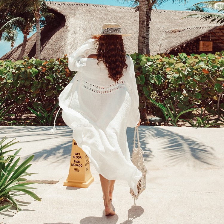 Ženski bikini cover-up kardigan s izrezima, pamuk–akrilno pletenje, V-izrez, dugi rukavi, dugi kroj