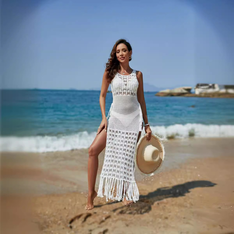 Plažni prekrivač za bikini – pleteni pamuk sa slub, UPF50+ zaštita od sunca, bez rukava, dužina 80–100 cm, s resicama
