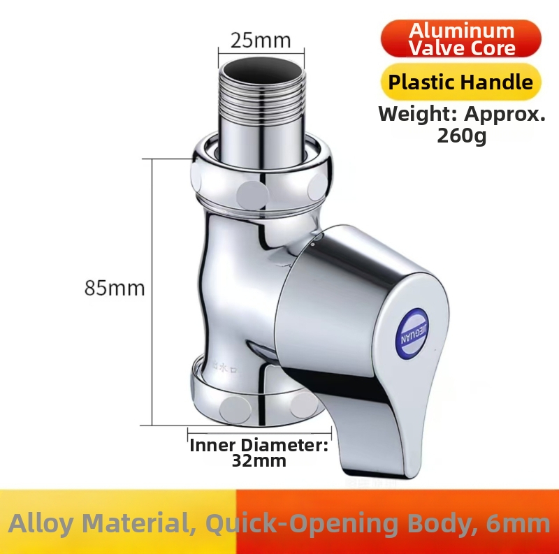 Push-type flush valve pre squat toaletu, model rýchleho otvorenia, meď, výstupný priemer 1 palec, čas splachovania 5–8 s, prevádzkový tlak 0,1–1,0 MPa