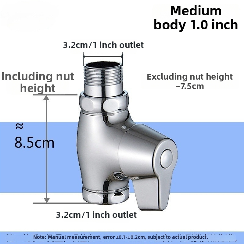 Push-type flush valve pre squat toaletu, model rýchleho otvorenia, meď, výstupný priemer 1 palec, čas splachovania 5–8 s, prevádzkový tlak 0,1–1,0 MPa