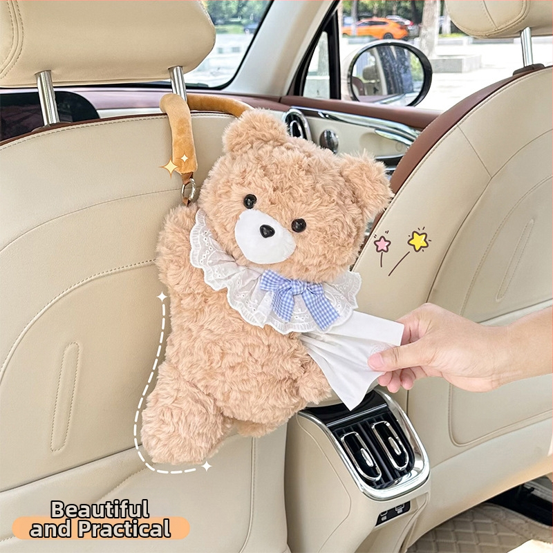 Box na vreckovky do auta s visiacim dizajnom medvedíka | Mäkký plyšový materiál | Dvojité použitie pre domov a auto | Blue rain