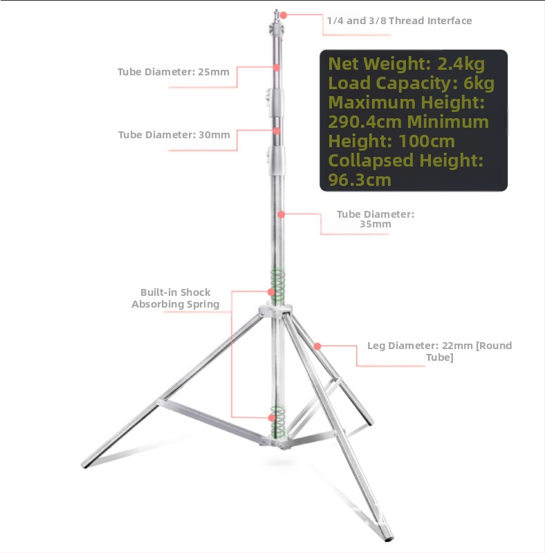 Stojan na štúdiovú lampu pre živé vysielanie 2.8 m | Hliníková zliatina | Nosnosť 6 kg | 3-dielny trojnožec | Značka Yuer