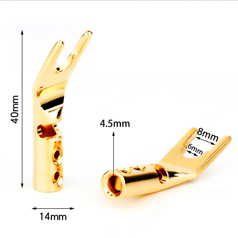 Y típusú audio csatlakozó réz-arany bevonattal, forrasztásmentes terminállal a hangszóró-kábelhez — márka Mvs/Magic, működési hőmérséklet -20…80°C, audio/videó csatlakozó