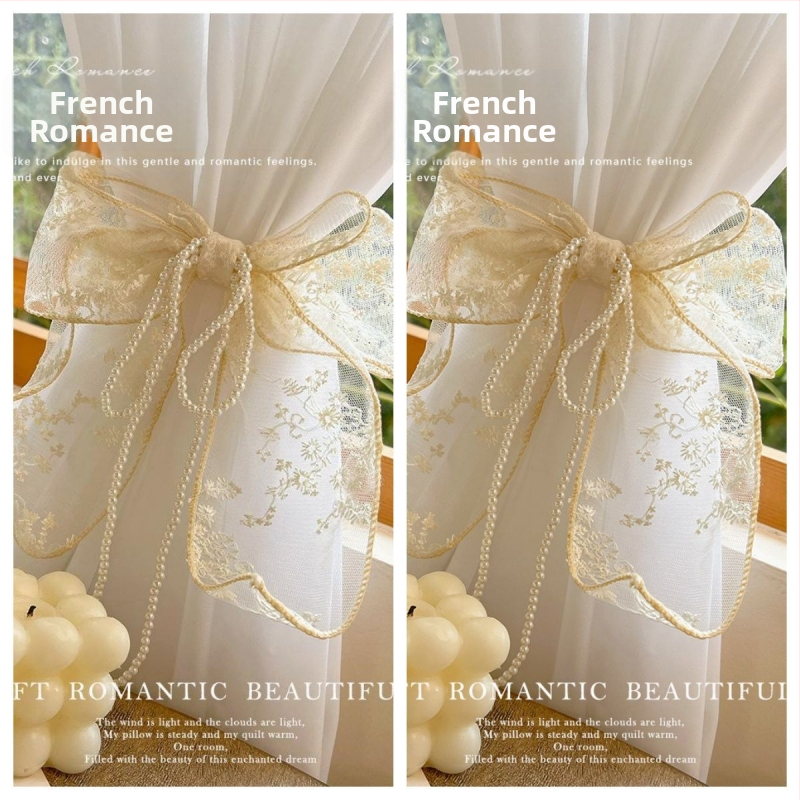 Čipkovaný závesový pútko s perlou a mašličkou, dekor pre priesvitné závesy, prispôsobiteľný štýl