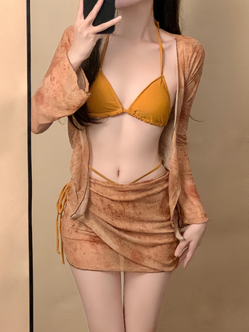 Set bikini din patru piese cu tricou de plajă, poliester-spandex, sutien cu burete, protecție solară