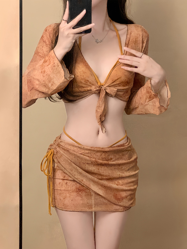 Set bikini din patru piese cu tricou de plajă, poliester-spandex, sutien cu burete, protecție solară