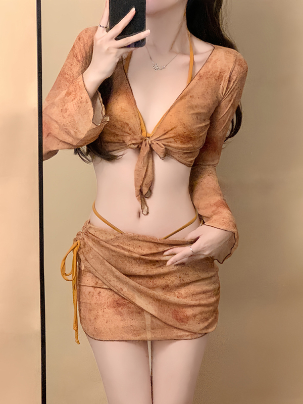 Set bikini din patru piese cu tricou de plajă, poliester-spandex, sutien cu burete, protecție solară