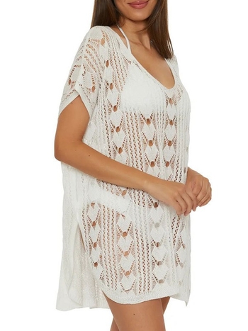 Női kötött mély V-nyakú strandkendő, laza szabás, kivágott részletekkel, anyag: akril rost 99%+, bélés 100% akril, súly 280 g, alkalmas úszásra és vízi sportokra