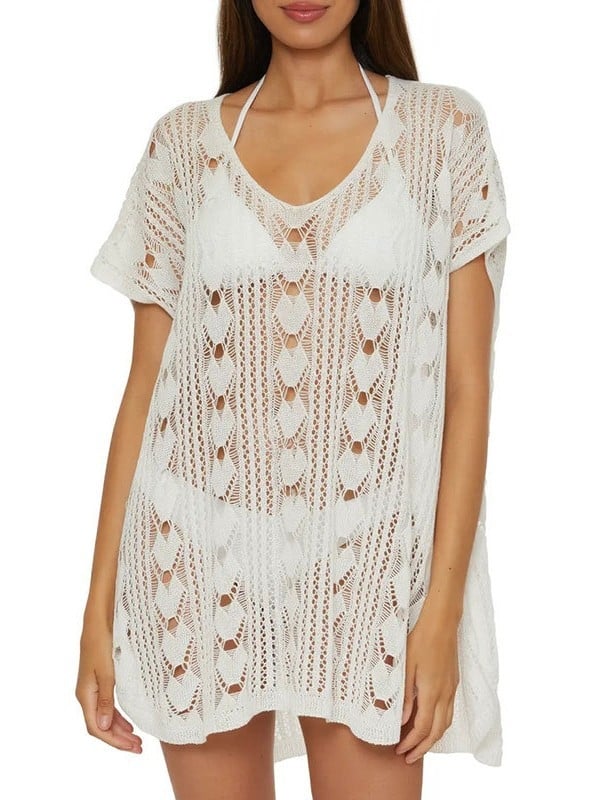 Női kötött mély V-nyakú strandkendő, laza szabás, kivágott részletekkel, anyag: akril rost 99%+, bélés 100% akril, súly 280 g, alkalmas úszásra és vízi sportokra