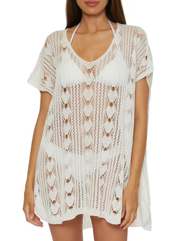 Női kötött mély V-nyakú strandkendő, laza szabás, kivágott részletekkel, anyag: akril rost 99%+, bélés 100% akril, súly 280 g, alkalmas úszásra és vízi sportokra