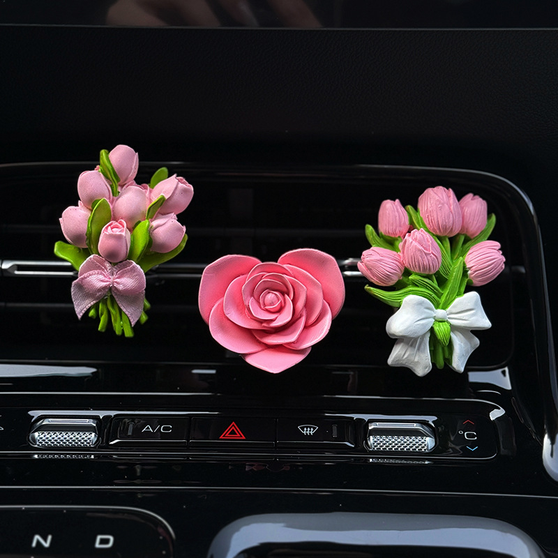 Difuzor auto de aromă în formă de lalea cu piatră de parfum | suport din ipsos, clips pentru aer, 5–10 ml parfum de iasomie, decor interior pentru mașină