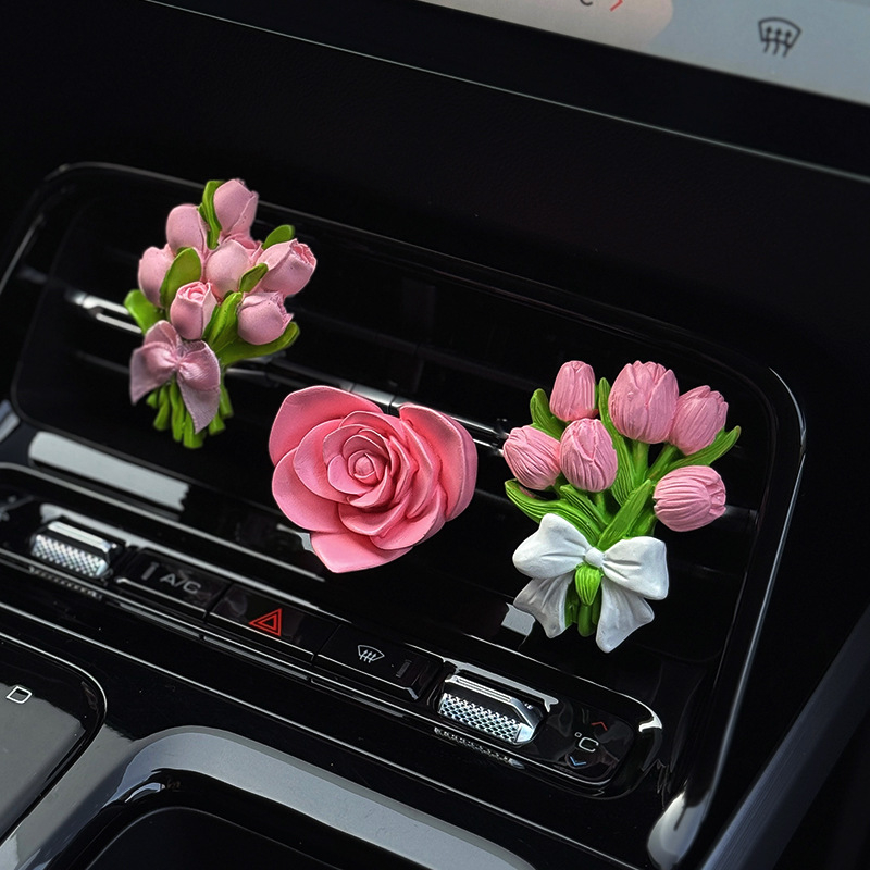 Difuzor auto de aromă în formă de lalea cu piatră de parfum | suport din ipsos, clips pentru aer, 5–10 ml parfum de iasomie, decor interior pentru mașină
