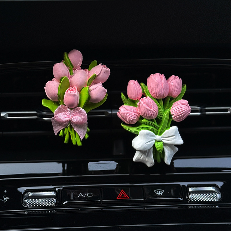 Difuzor auto de aromă în formă de lalea cu piatră de parfum | suport din ipsos, clips pentru aer, 5–10 ml parfum de iasomie, decor interior pentru mașină