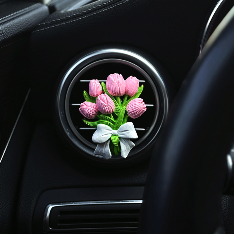 Difuzor auto de aromă în formă de lalea cu piatră de parfum | suport din ipsos, clips pentru aer, 5–10 ml parfum de iasomie, decor interior pentru mașină