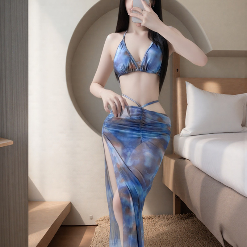 Tie-dye bikini s dugim rukavima za zaštitu od sunca, seksi četverodijelni set s odvojivim gornjim dijelom i donjim dijelom, dugačka plažna suknja, ženski kupaći kostim u europsko-američkom stilu